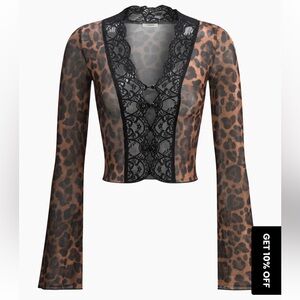 Commense Leopard Print Button Down Shirt with Black Lace